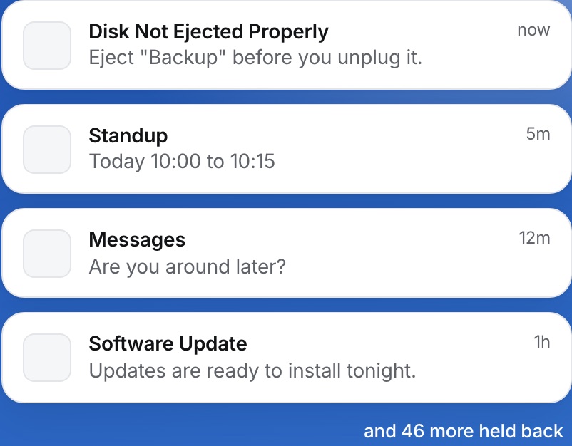 A stack of Mac notification banners, the pile Bellsweep clears.