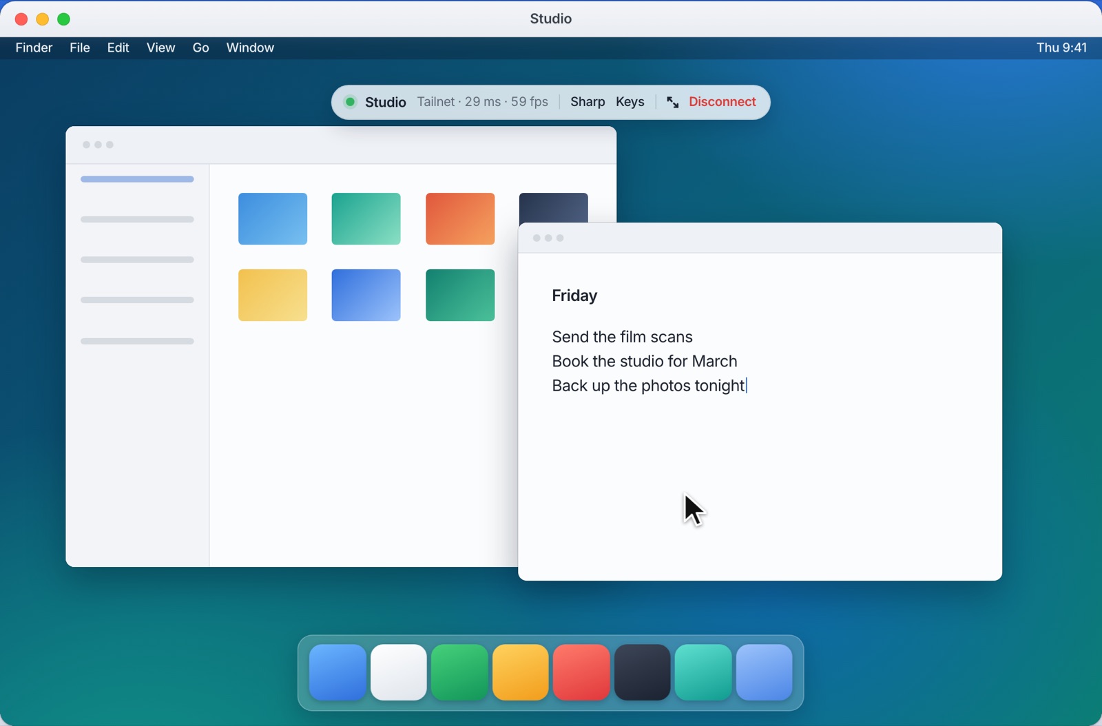 A Mac desktop seen through Farcursor, with its connection bar on top.